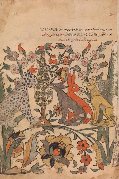 Leopard med løveorden til andre dommere, Folio 51 recto fra en Kalila wa Dimna, 1700-tallet. av Unbekannt
