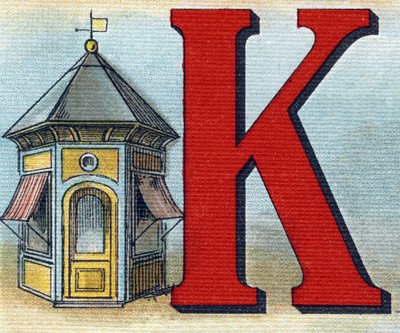 Bokstav K: kiosk. Gravering i "Alphabet de ma petite fille". Bernardin-Bechet og Fils, bokhandler-forlag, Paris, rundt 1895. Ubrytelig album på lerret. Bibliotheque des Bebes. 12 sider. Album som inneholder en lesemetode og en illustrerende abecedar av Unbekannt