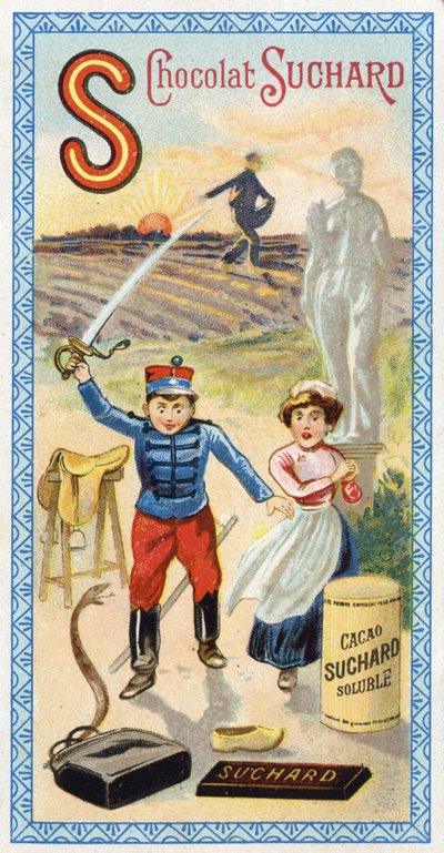 Bokstav S: sol, såing, såmann, tjener, forvirring, soldat, sverd, sal, slange, statue, hov, veske. Gravering av alfabetet redigert av Chocolat Suchard, begynnelsen av det 20. århundre. 24 kromolitografier som representerer steder, karakterer og objekter ti av Unbekannt