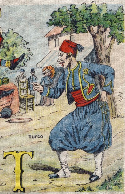 Bokstav T: Turco . Drolatic album. Serie nummer 4 i Albums-chromo på lerret. Kromolitografier på vev. Avbildning av Marcel Vagne, Jarville-Nancy, tidlig på 1900-tallet. Mål: 25x17,5 cm av Unbekannt
