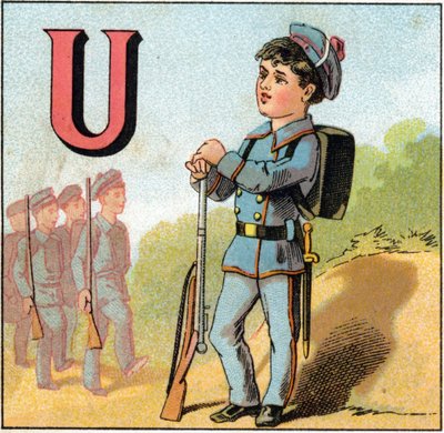 Bokstaven U som uniform. Skolegutt i militærdrakt med rifle. Gravering i "Alphabet des petits ecoliers". Avbildning av Epinal, ca. 1885. Privee Collection av Unbekannt