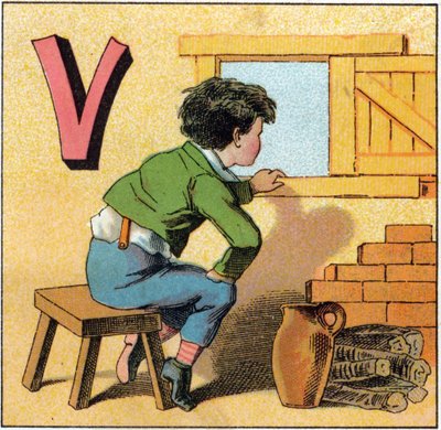 Bokstav V som vasistas. Nysgjerrig barn ser ut av et vindu. Gravering i "Alphabet des petits ecoliers". Avbildning av Epinal, ca. 1885. Privee Collection av Unbekannt