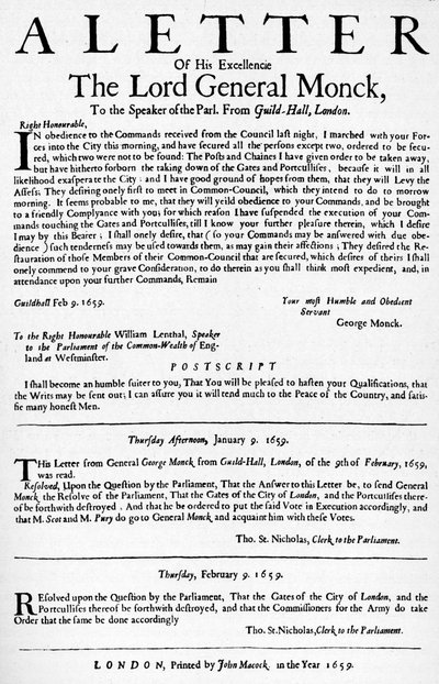 Brev fra general Monck til taleren for Underhuset, 1659 1903 av Unbekannt