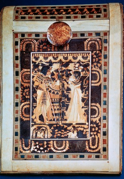 Lokket på en kiste som viser Tutankhamon og hans kone Ankhesenamun i en hage, 1300-tallet f.Kr. av Unbekannt