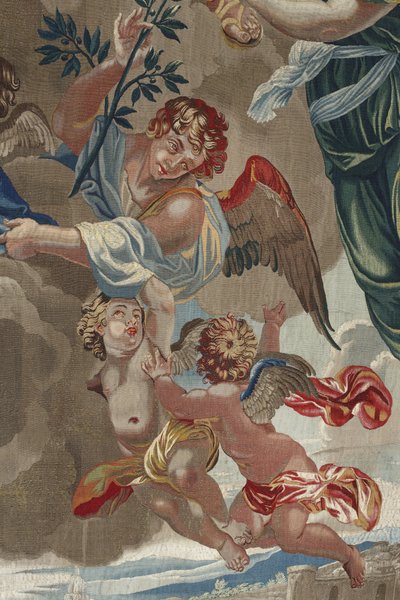 Jomfruens liv: "Jomfruens kroning"" (Jomfruens kroning) Detalj av engler Tapetet av ull og silke laget i verkstedet til Pierre Damour fra tegningene til Charles Poerson (1609-1667) av Unbekannt