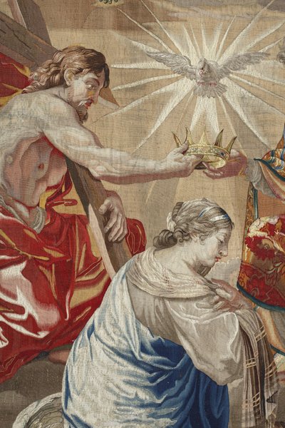Jomfruens liv: "Jomfruens kroning" Detalj som skildrer Jesus og Den Hellige Ånds due (Den Hellige Ånd) over Jomfruen - Ull- og silketeppe laget i verkstedet til Pierre Damour fra Charles Poersons tegninger (1609-1667) av Unbekannt