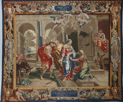Jomfruens liv: "The Visitation"" besøket av Maria til Elisabeth, Joseph og Zacharie bak dem - Ull- og silketeppe laget i verkstedet til Pierre Damour etter Charles Poersons tegninger (1609-1667) av Unbekannt