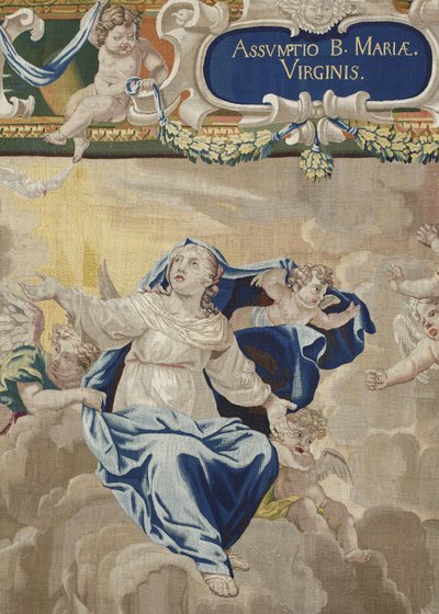 Jomfruens liv: "" antagelsen" (The Assumption) Detaljteppe av ull og silke laget i verkstedet til Pierre Damour etter tegningene til Charles Poerson (1609-1667) av Unbekannt