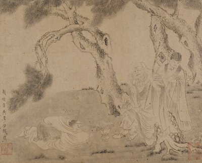 Luohan, ledsager og tilbeder under furutrær, Yuan- eller Ming-dynastiet, 1279-1644. av Unbekannt