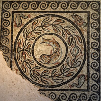 Lyon, Auvergne-regionen, Rhone-Alpes, Rhone-avdelingen. 69 000 Choulans mosaikk, oppdaget i 1967. Representerer en fisk av Unbekannt