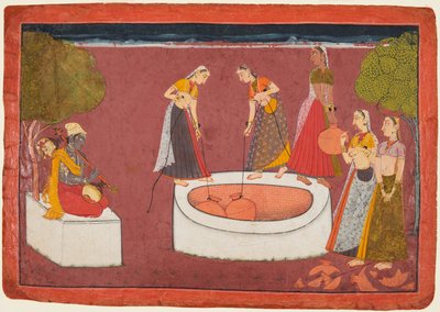 Madhava spiller sin vina før fem kvinner trekker vann fra en brønn, fra en Madhavanala..., ca. 1700. av Unbekannt