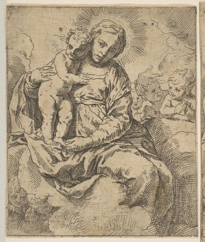 Madonna og barn sittende på skyer og omgitt av engler, kopier i revers a..., ca.1639 eller senere. av Unbekannt