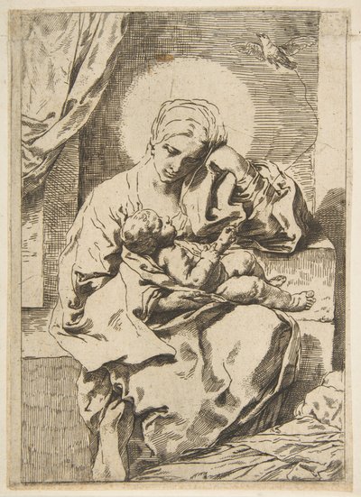 Madonna og barn med en fugl, kopi i revers etter Cantarini, ca. 1635-1636 eller senere. av Unbekannt
