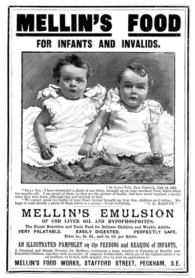 Magasinannonse for Mellins Emulsion, et kosttilskudd basert på tran, c1890 av Unbekannt