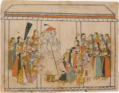 Maharaja Raj Singh tilbedt av hans damer, ca. 1710-20. av Unbekannt