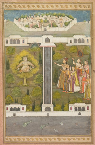 Mahliqa, datter av keiseren av Kina, peker på fuglemannen Khwaja Mubarak...verso, ca. 171 av Unbekannt