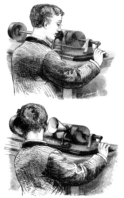 Lage et opptak med, og lytte til, første Edison Phonograph, 1878 av Unbekannt