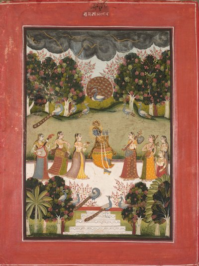 Malar Ragini: Krishna spiller fløyte til Seven Gopis som holder musikkinstrumenter..., ca. 1760. av Unbekannt