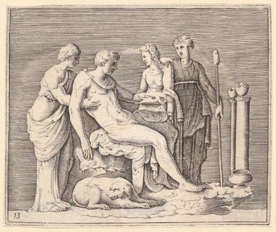 Man Attended by Three Women, publisert ca. 1599-1622. av Unbekannt