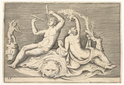 Mann som spiller to fløyter og kvinne på løveskinn, utgitt ca. 1599-1622. av Unbekannt
