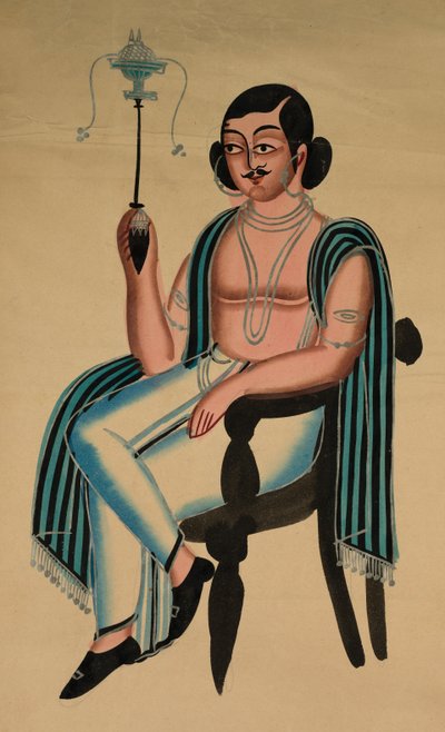 Mann som sitter i en europeisk stol og røyker en Margila-pipe, ca. 1880. av Unbekannt