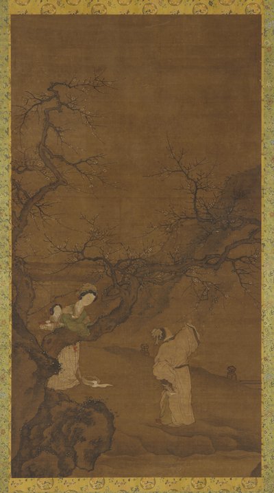 Mann og kvinne nyter plommeblomster, Ming- eller Qing-dynastiet, 1400-1700-tallet. av Unbekannt