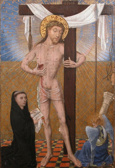 Man of Sorrows med knelende donor, fjerde kvartal 1400-tallet med moderne tillegg. av Unbekannt