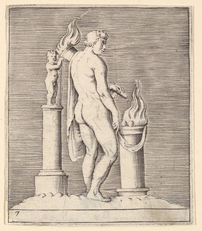 Mann med fakkel mellom flammende alter og statuett, utgitt ca. 1599-1622. av Unbekannt