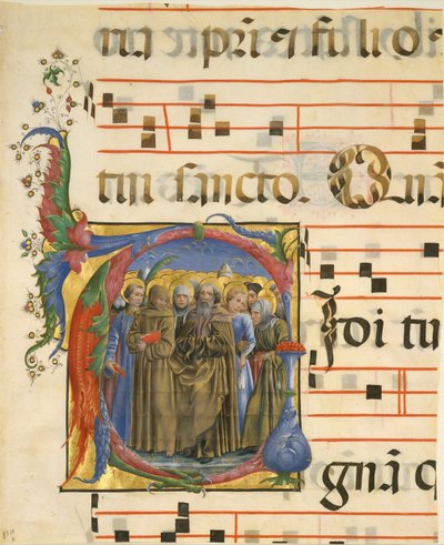 Manuskriptbelysning med alle hellige i en innledende V, fra en Antiphonary, italiensk, 1450-60. av Unbekannt