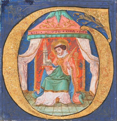 Manuskriptbelysning med den hellige Trudo Trond i en initial O, fra en korbok, 1400-tallet. av Unbekannt
