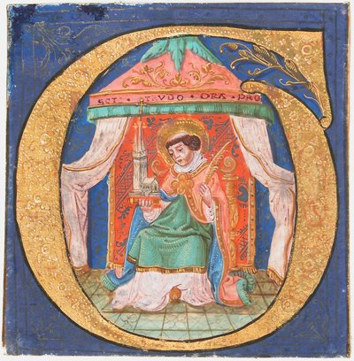 Manuskriptbelysning med den hellige Trudo Trond i en initial O, fra en korbok, 1400-tallet. av Unbekannt