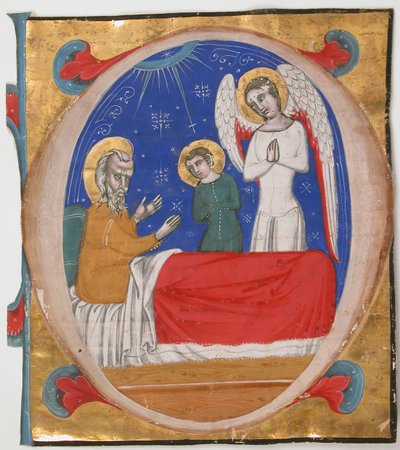 Manuskriptbelysning med Tobit, Tobias og erkeengelen Raphael i en første O..., midten av 1300-tallet av Unbekannt