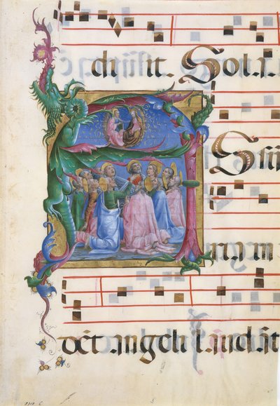 Manuskriptbelysning med jomfruens antagelse i en innledende A..., italiensk, 1450-60. av Unbekannt