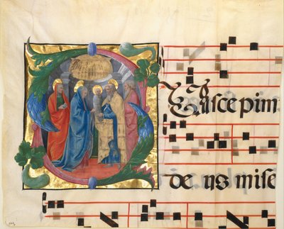 Manuskriptbelysning med presentasjonen i tempelet i en innledende S, fra en Gradual, 1450-60. av Unbekannt