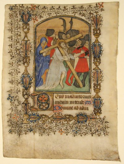 Manuskriptblad fra en timebok... Opplyst initial D og Kristus som bærer korset, 1390-140 av Unbekannt