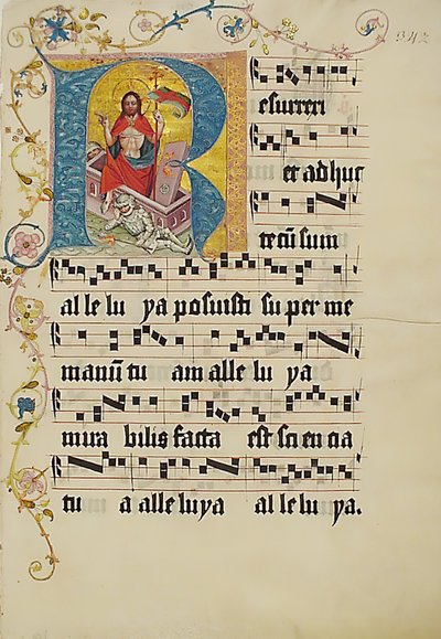 Manuskriptblad med initial R, fra et gradvis, tysk, andre kvartal 1400-tallet. av Unbekannt