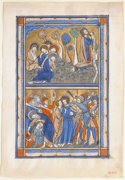 Manuskriptblad med lidelsen i hagen og Kristi svik, fra en kongelig salmer, ca. 1270. av Unbekannt