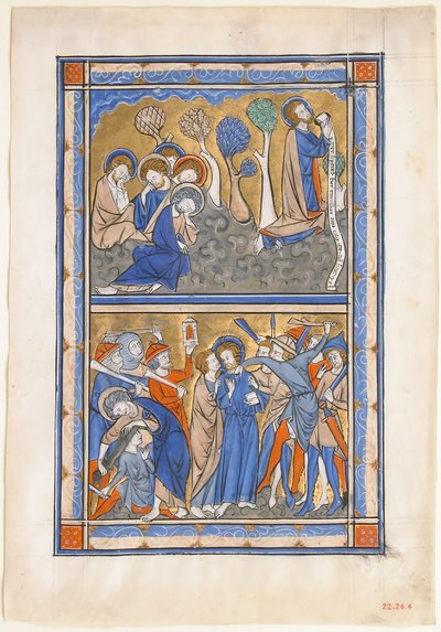 Manuskriptblad med lidelsen i hagen og Kristi svik, fra en kongelig salmer, ca. 1270. av Unbekannt