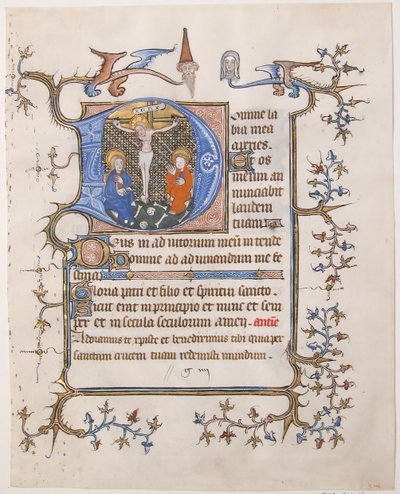 Manuskriptblad med korsfestelsen i en initial D, fra en timebok, ca. 1350. av Unbekannt