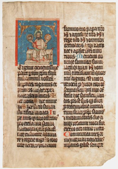 Manuskriptblad med den hellige treenighet i en innledende T, fra et missal, ca. 1390. av Unbekannt