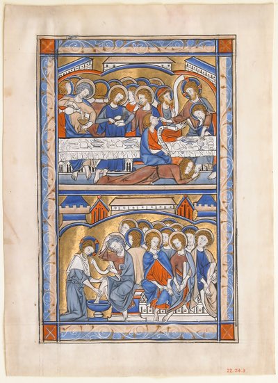 Manuskriptblad med nattverd og vasking av apostlenes føtter Blad..., ca. 1250-70. av Unbekannt
