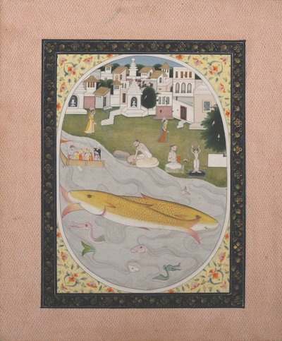 Manuskriptmaleri med hinduistisk tantrisk scene som viser to fisker, 1800-1820. av Unbekannt