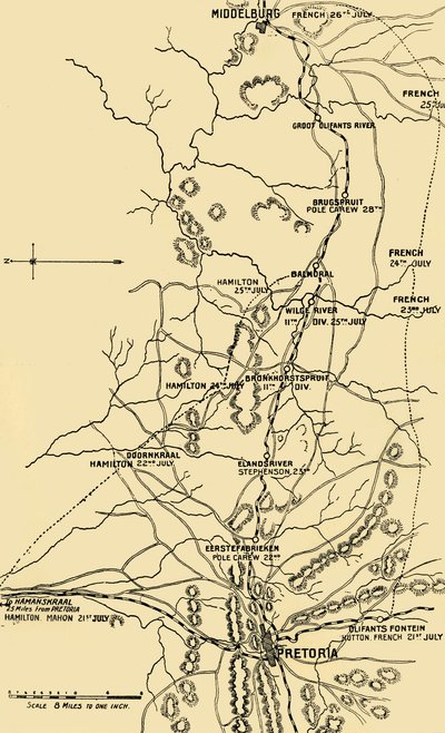 Kart som illustrerer flyttingen østover fra Eerstefabrieken til Middelburg, 1901. av Unbekannt