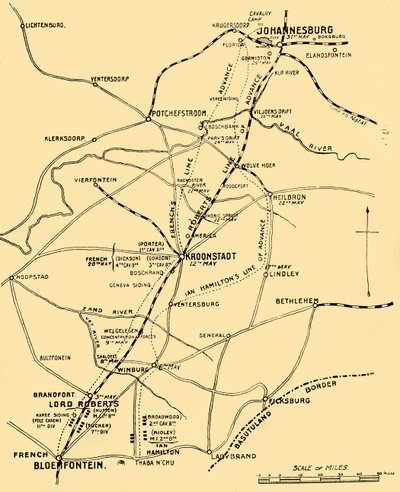 Kart som viser fremskrittslinjene fra Bloemfontein til Pretoria, 1901. av Unbekannt