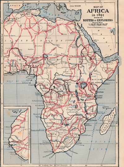 Kart over Afrika i 1891 som viser Routes of Explorers av Unbekannt