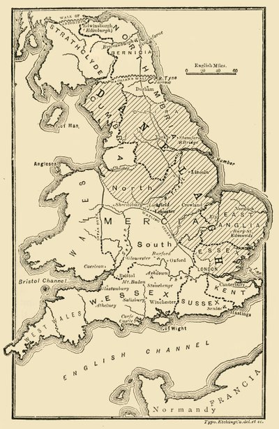 Kart over England, Viser angelsaksiske kongedømmer og danske distrikter, c9. århundre, 189 av Unbekannt