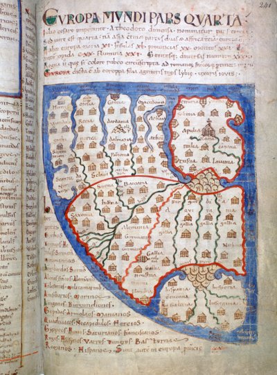 Kart over Europa, en side fra Liber Floridus, 1100-tallet av Unbekannt