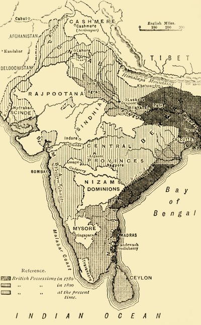 Kart over India, som viser de britiske besittelsene i 1780,1800, og på nåværende tidspunkt, 1890. av Unbekannt