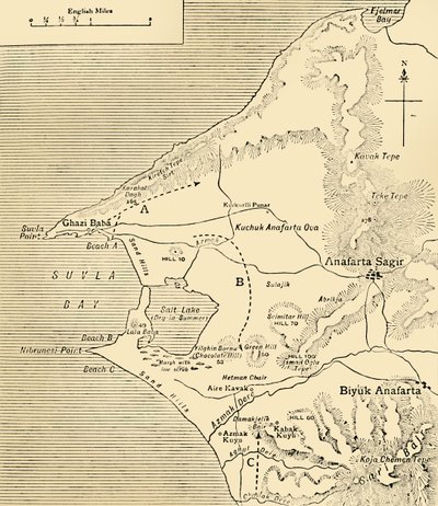 Kart over Suvla Bay, Gallipoli-halvøya, første verdenskrig, 1915, c1920. av Unbekannt