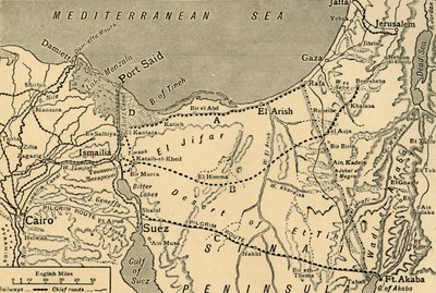 Kart over det tyrkiske angrepet på Suez-kanalen, Egypt, første verdenskrig, 1915, c1920. av Unbekannt